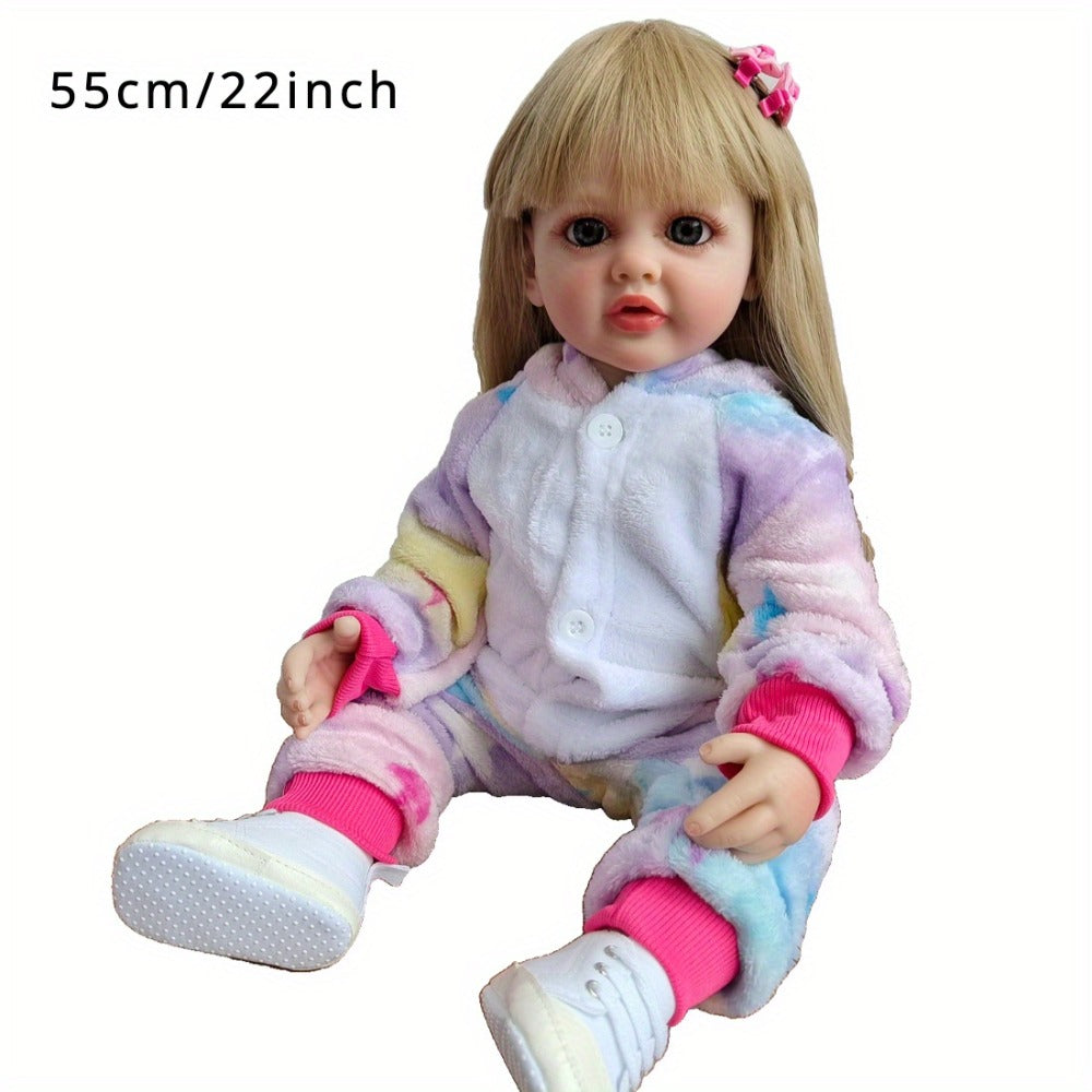 Blonde Hair Reborn Toddler Doll 22 Inch 55CM Full Soft Vinyl Bath Safe – Acrylic Eyes, Sit & Lay Poseable Princess Girl, Lifelike Newborn Gift Set with Outfit Pacifier Bottle for Kids Ages 3+ & Collectors