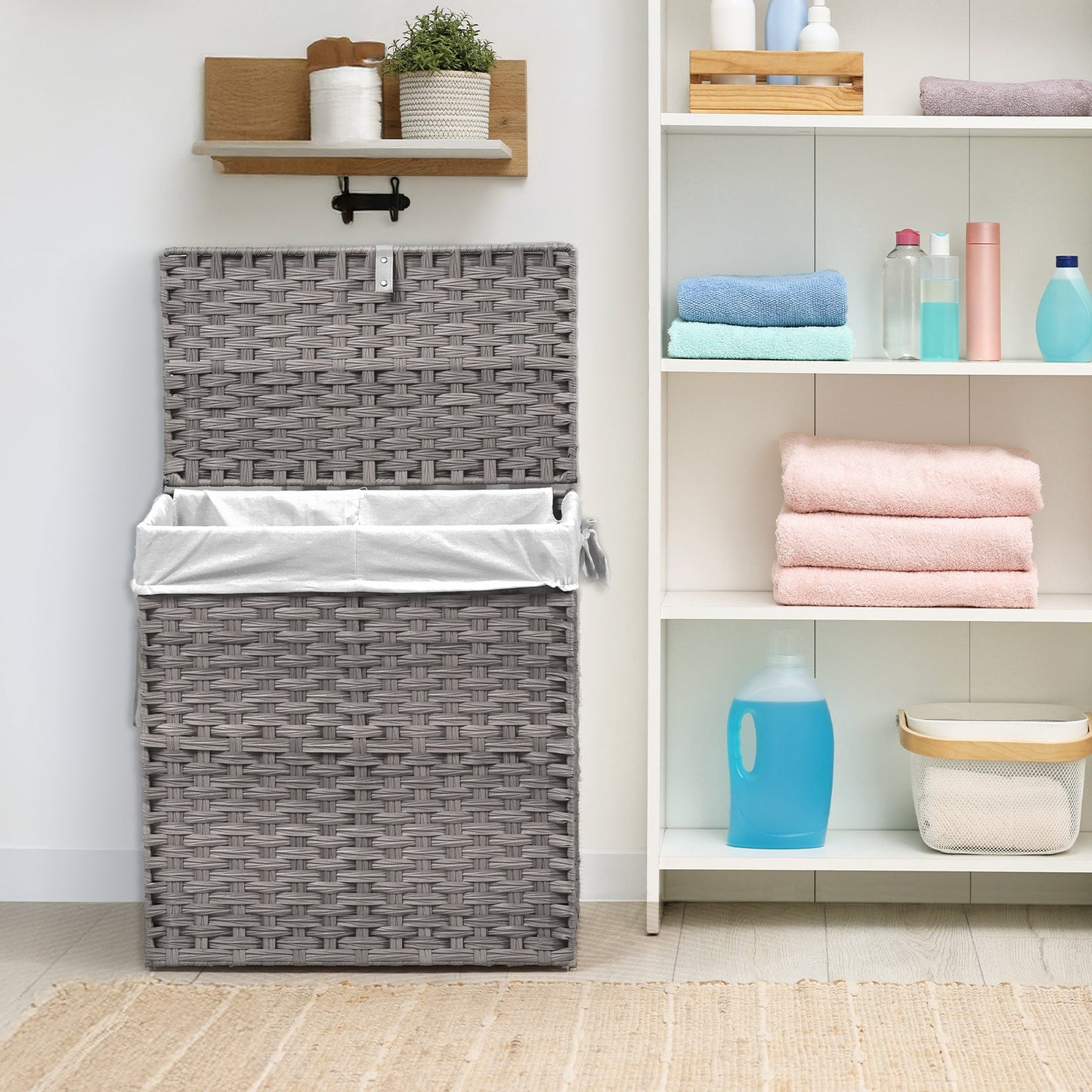 Woven Laundry Hamper with Hinged Lid, Removable Fabric Liner and Side Handles in Two Sizes and Brown or Gray