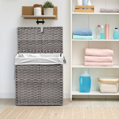 Woven Laundry Hamper with Hinged Lid, Removable Fabric Liner and Side Handles in Two Sizes and Brown or Gray