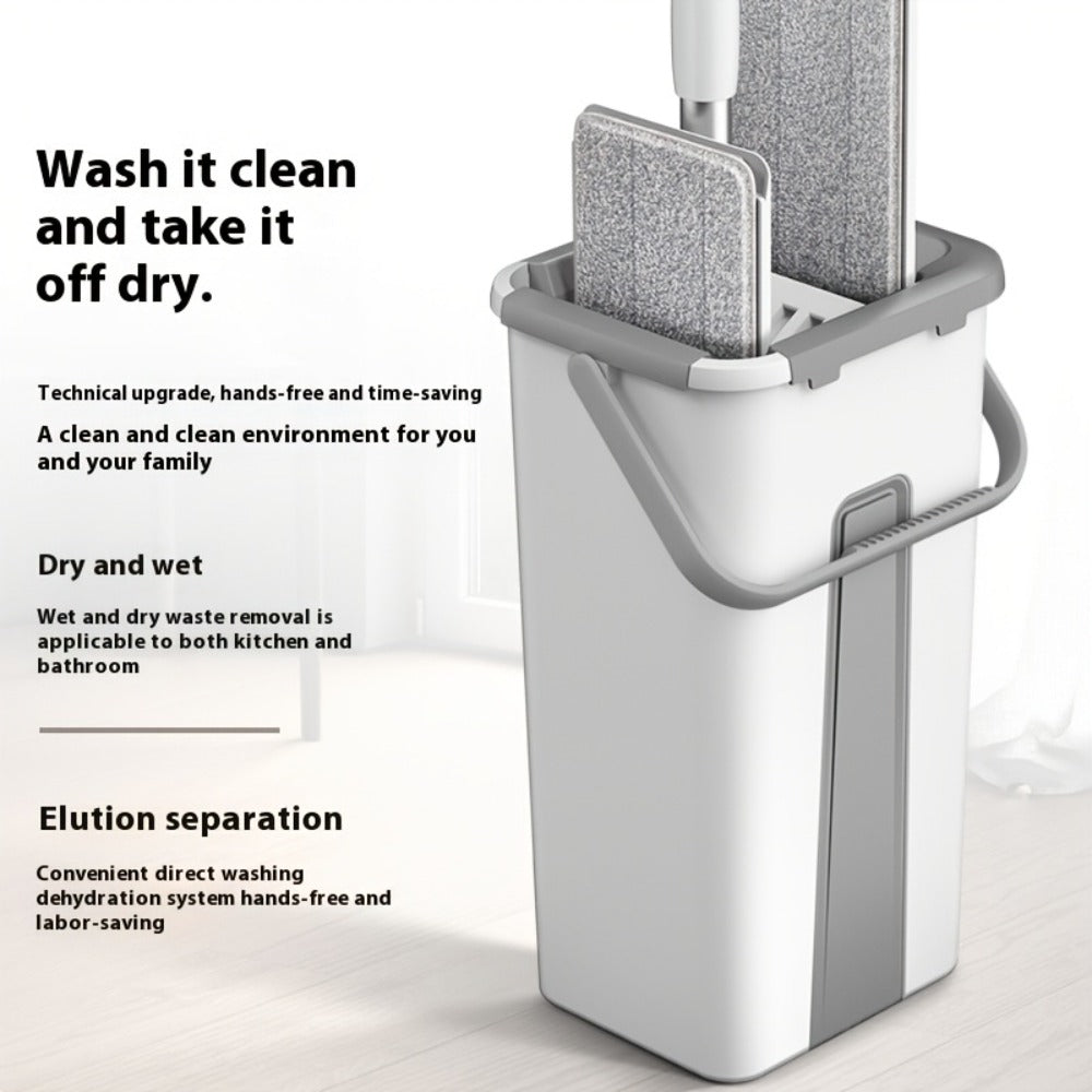 Flat Mop and Bucket Set with Wringer Metal Handle 2 Reusable Microfiber Pads Floor Mopping for Home Cooking, Dining and Outdoor Meals
