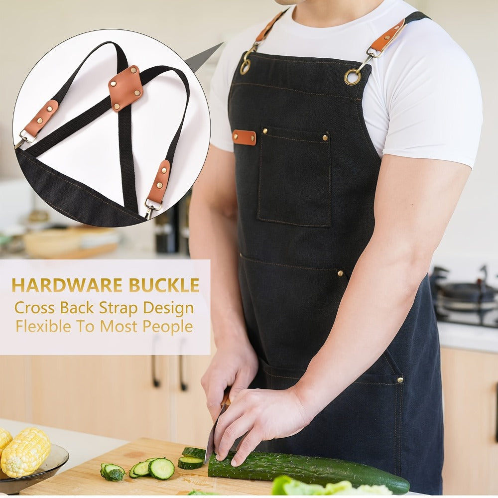 Black Crossback Canvas Work Apron, 27 x 32 Inch Bib with Three Utility Pockets and Long Straps for Kitchen or Workshop