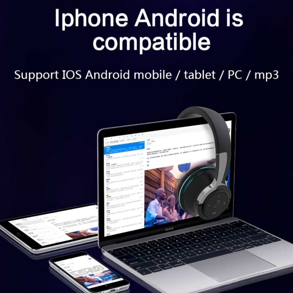 FM Radio TF Card Over-Ear Wireless Headphones Bluetooth, 24H Playtime, Built-in Mic, LED Light, AUX 3.5mm Wired Mode, Soft Earpads, Foldable Headset for Travel Home Office iOS Android