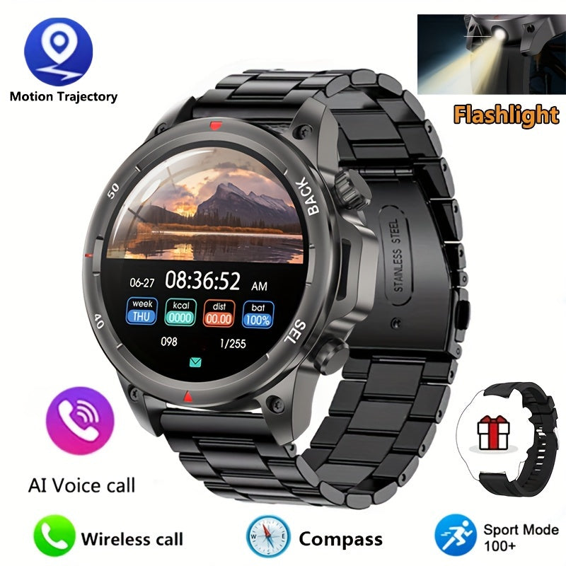 GPS NFC Smartwatch for Men – AI Voice Calling, 360×360 HD Screen, Built-in Compass, Motion Trajectory, Heart Rate Sleep Fitness Tracker – Outdoor Sports Watch Black Silver Steel