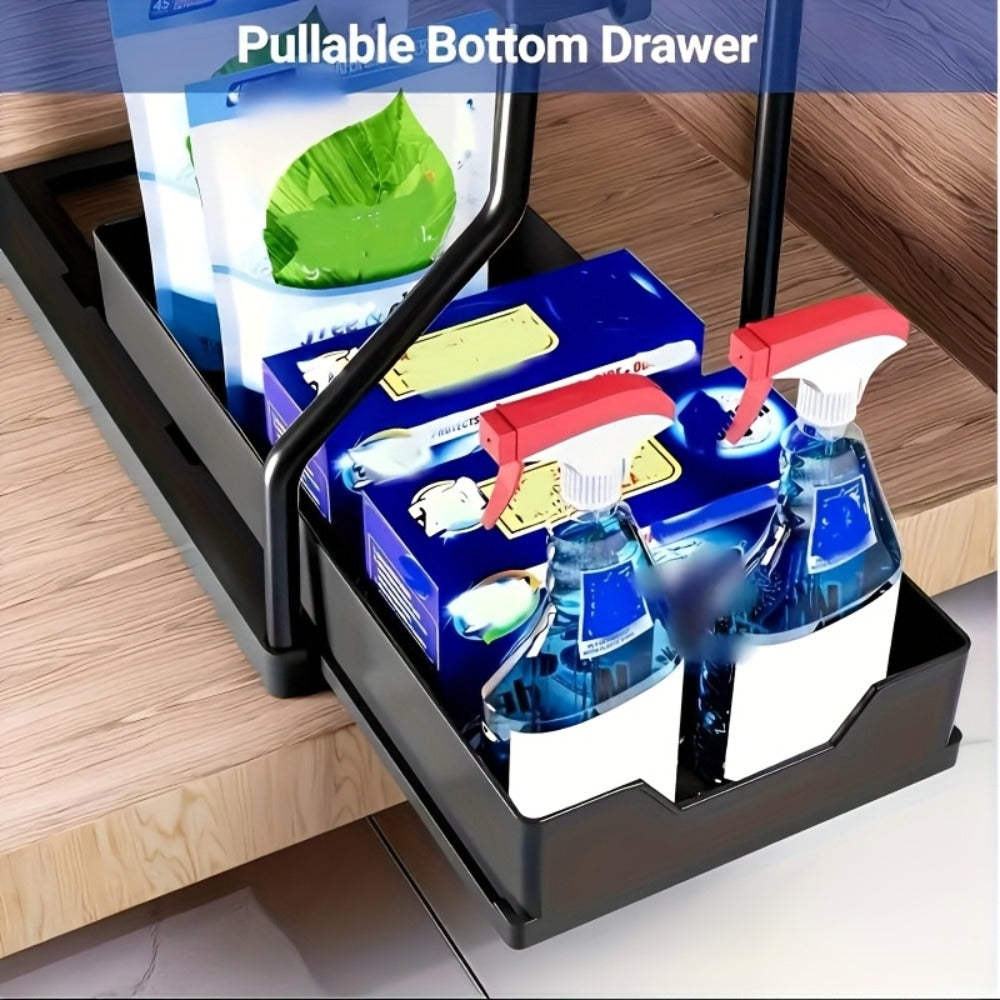 Under Sink Storage Organizer 2-Piece Sliding Shelf Set in Black or White for Kitchen and Bathroom