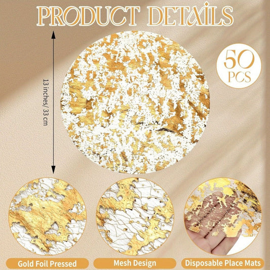 Golden Foil Round Placemats Disposable Table Doilies 50/100pcs – Elegant Mesh Table Pad for Dining, Party & Home Decor