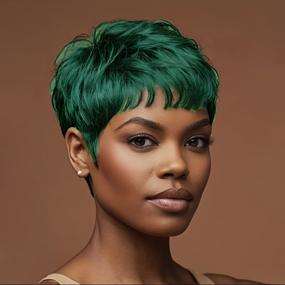 Synthetic Wig 4-Inch Short Waves with Bangs in Red, Black, Green, Blue or Orange-Auburn for Cosplay Looks