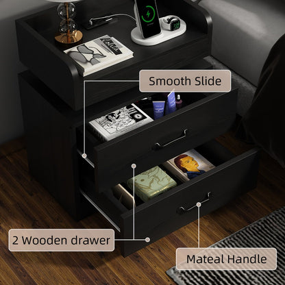 Nightstand Tray-Top Two-Drawer Bedside Table with Charging Station, LED Light and Black or White Finish