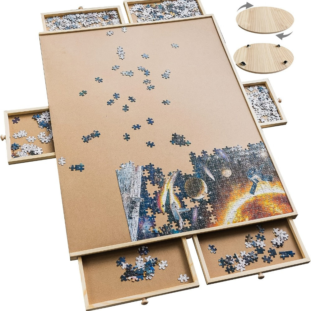 Wood-Look Puzzle Board with Six Sorting Drawers, 35.3 x 26.7-Inch Surface and 1500-Piece Label