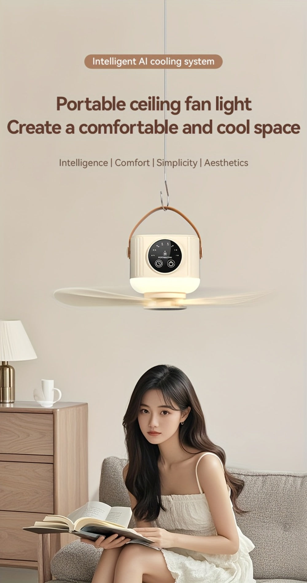 Portable Fan, USB-Powered Hanging Tent Model with Remote Control, LED Light and Optional Triangular Stand