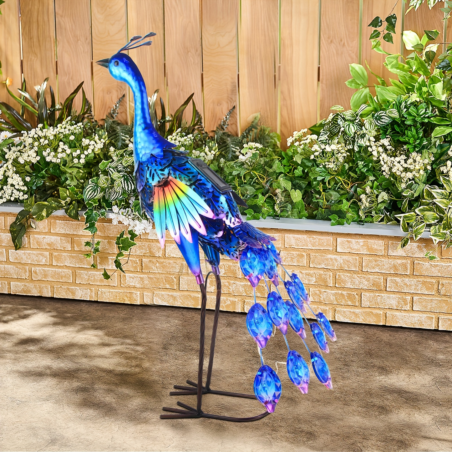 Solar Peacock Garden Statue with Blue Metal-Look Body, Hollow Feather Panels and Flickering Tail LEDs