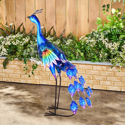 Solar Peacock Garden Statue with Blue Metal-Look Body, Hollow Feather Panels and Flickering Tail LEDs