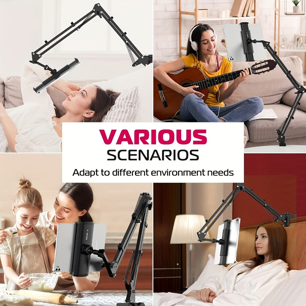 Long-Arm Tablet Stand with Desk Clamp, Two 35 cm Articulating Sections and Rotating 4–13 Inch Device Holder