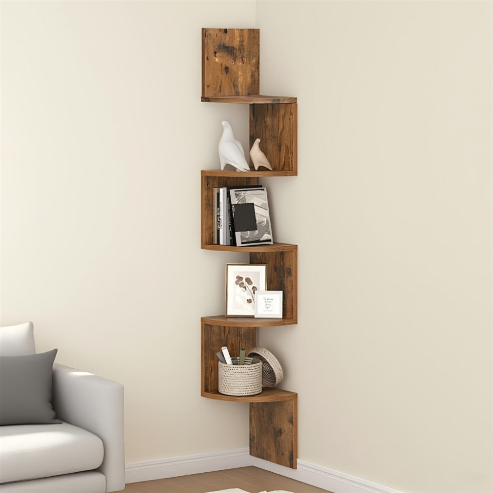 Corner Floating Shelf 5-Tier Wall Mount, Space Saving Storage Rack for Bedroom Living Room, Radial Display Organizer, Easy Install, 7.9"×7.9"×49.6", Black White Brown Greige Beige