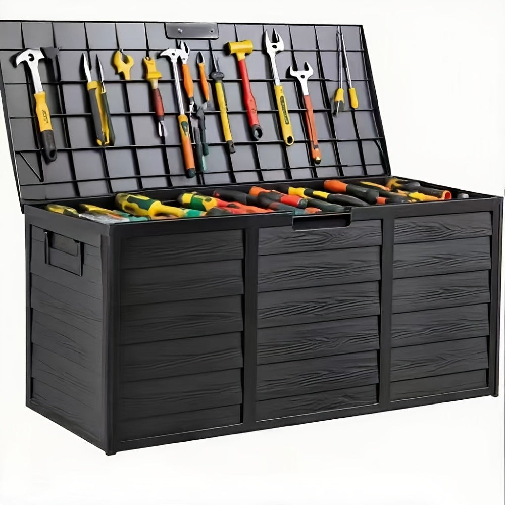 75-Gallon Outdoor Storage Box with Hinged Lid, Side Grips, Small Wheels and Three Color Options