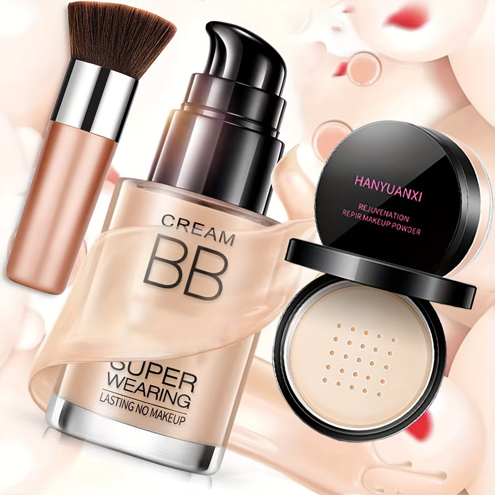 BB Cream Makeup Kit with Powder, Brush and Sponge in Three Exact Numbered Shade Options for Face Makeup