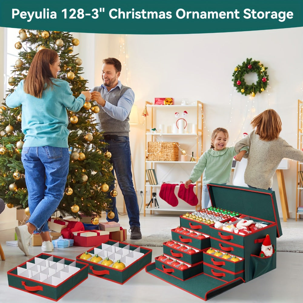 Christmas Ornament Storage Box with 128 Compartments, Eight Removable Trays and Red or Green Color Options