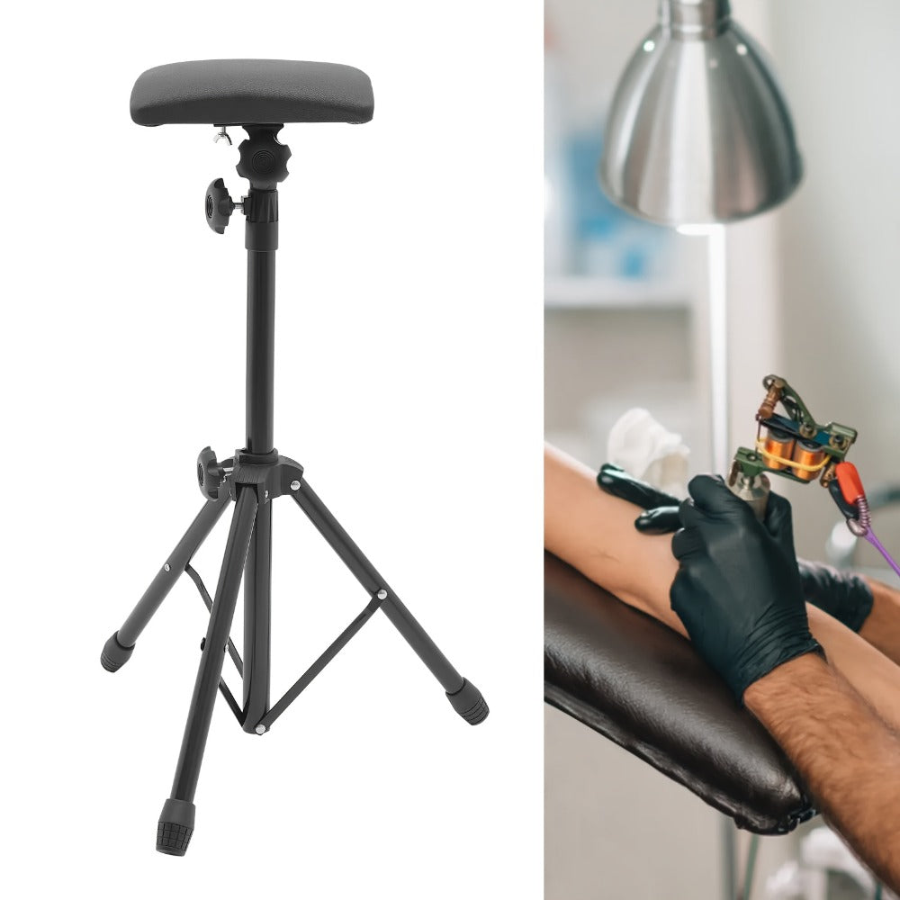 Adjustable Tripod Tattoo Armrest Stand with Pictured Padded Top, Fifteen Pads and Ten Black Gloves