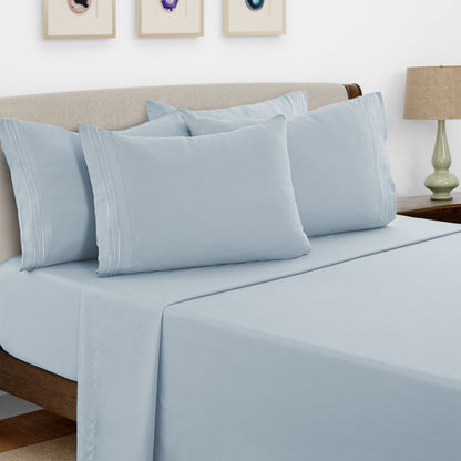 Bed Sheet Set Brushed Microfiber with Embroidered Pillowcases, 16-Inch Pocket and 4- or 6-Piece Sizing
