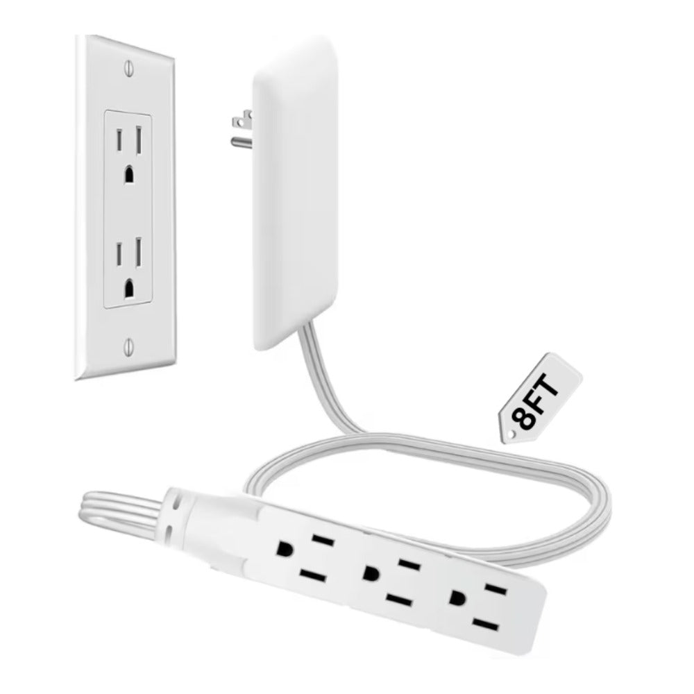 White Flat-Plug Extension Cord with Three-Outlet Wall-Hugger Strip in 3-, 5- or 8-Foot Lengths