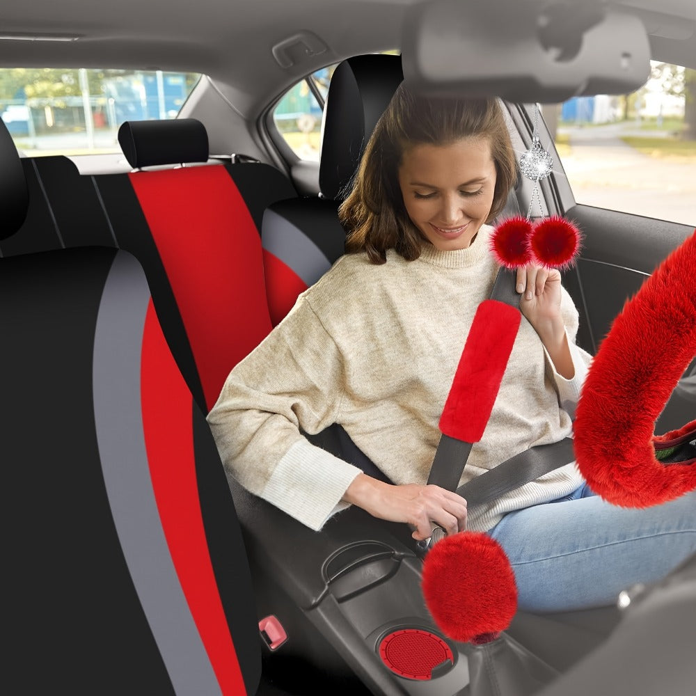 Car Seat Covers Full Set for Women Fluffy Steering Wheel Cover Seat Belt Pads Floor Mats AC Vent Strips Universal Fit Front Rear Seat Protector Interior Accessories Set Pink Purple Red Blue