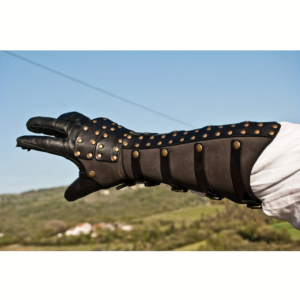 Riveted Costume Forearm Guard in Brown, Black or Coffee with Finger Loop and Buckled Strap Details