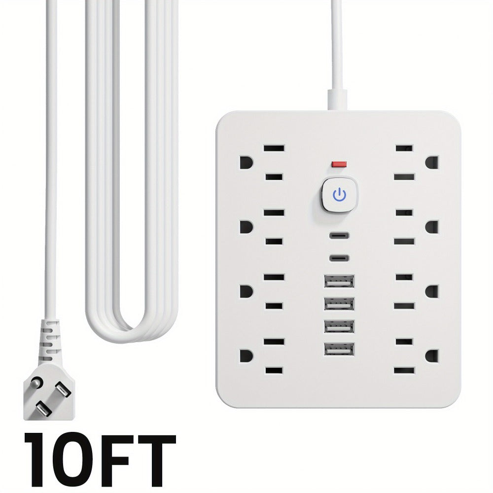Power Strip Flat-Plug Wall-Mount 14-in-1 with 8 AC Outlets, 4 USB-A, 2 USB-C and 5- or 10-Foot Cord
