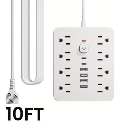 Power Strip Flat-Plug Wall-Mount 14-in-1 with 8 AC Outlets, 4 USB-A, 2 USB-C and 5- or 10-Foot Cord