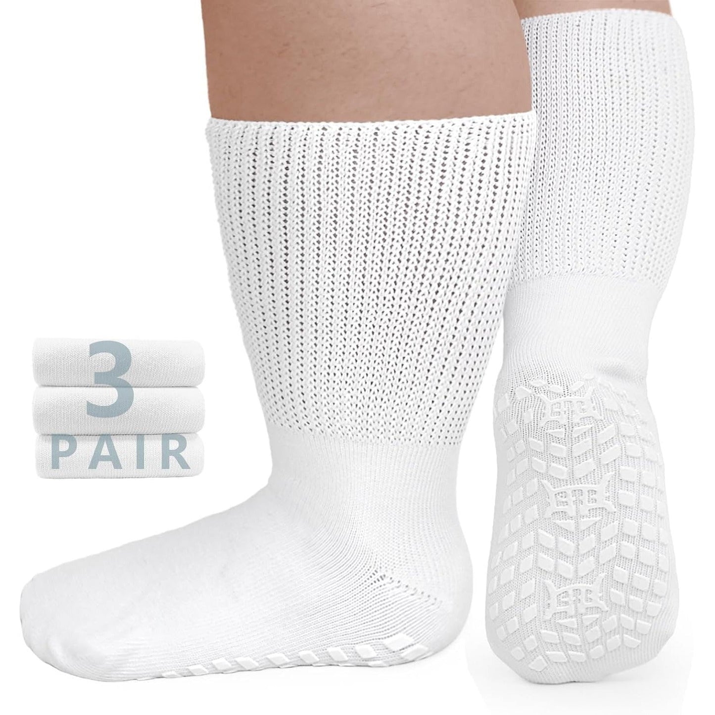 3-Pair Grippy-Sole Wide Sock Set for Adults in Black, White or Grey with 9-13 and 13-15 Size Options