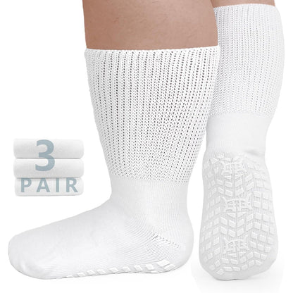 3-Pair Grippy-Sole Wide Sock Set for Adults in Black, White or Grey with 9-13 and 13-15 Size Options