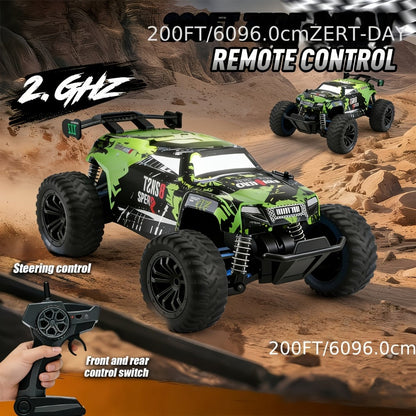 RC Monster Truck 4WD Green Off-Road Style Vehicle with LED Details, 2.4G Remote Controller and Treaded Tires