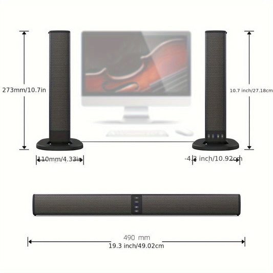 Sound Bar with 4 Subwoofers 20W Hi-Fi Wireless Surround Sound System Bluetooth 5.0 TWS Wall Mountable EQ Modes AUX USB TF FM for TV Computer Gaming Home Theater