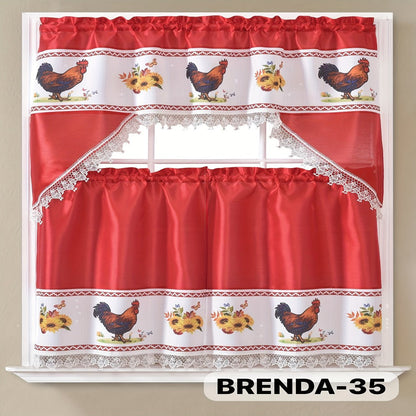 Three-Piece Patterned Kitchen Curtain Set with One Valance, Two Tiers and Forty-Six Exact Design Options