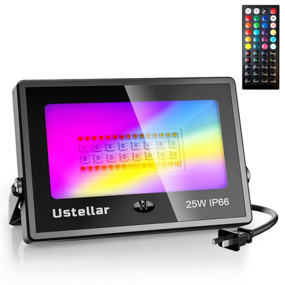 RGB LED Flood Light 25W Outdoor Color Changing - 1000 DIY Colors, 44-Key Remote, Strobe & Fade Modes, Memory Function, Multi-Pack for Party, Stage, Garden, Halloween & Christmas Uplighting