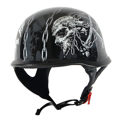 German Style Motorcycle Half Face Helmet – Novelty Skull & Carbon Fiber Design, UV Glossy Finish, Removable Washable Padding, Quick Release Buckle, Adult M/L/XL