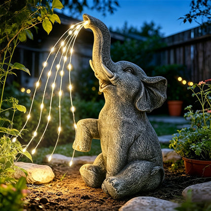 Solar Garden Light Elephant Sculpture with LED Water-Spray Effect, IP44 Rating and Freestanding Display