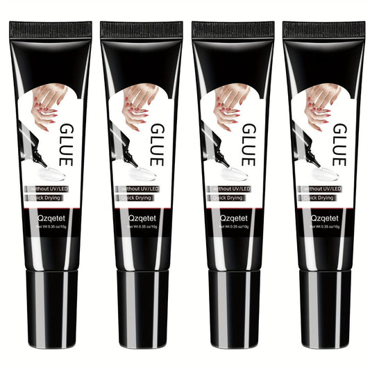 Quick-Dry Nail Glue 4-Pack Strong Hold Gel Formula — Press On Nail Adhesive for Acrylic Nails Gems Rhinestones Nail Art, Precision Tip Long Lasting Manicure Glue 10g Each