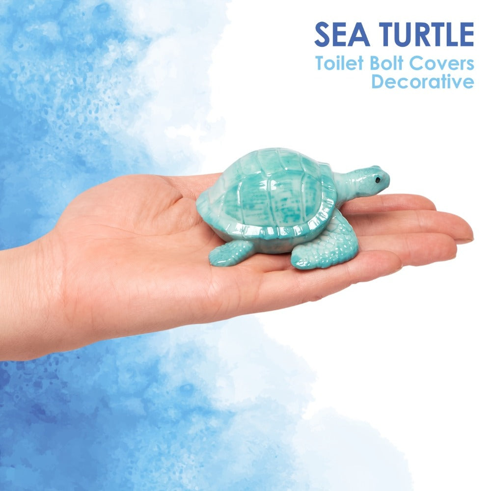 Four-Piece Green Sea Turtle Toilet Bolt Cap Set with Hand-Painted Coastal Bathroom Accent Design