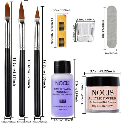 Acrylic Nail Kit NOCIS Four 10g Pink and Warm Neutral Powders with Liquid Monomer, Three Brushes and File