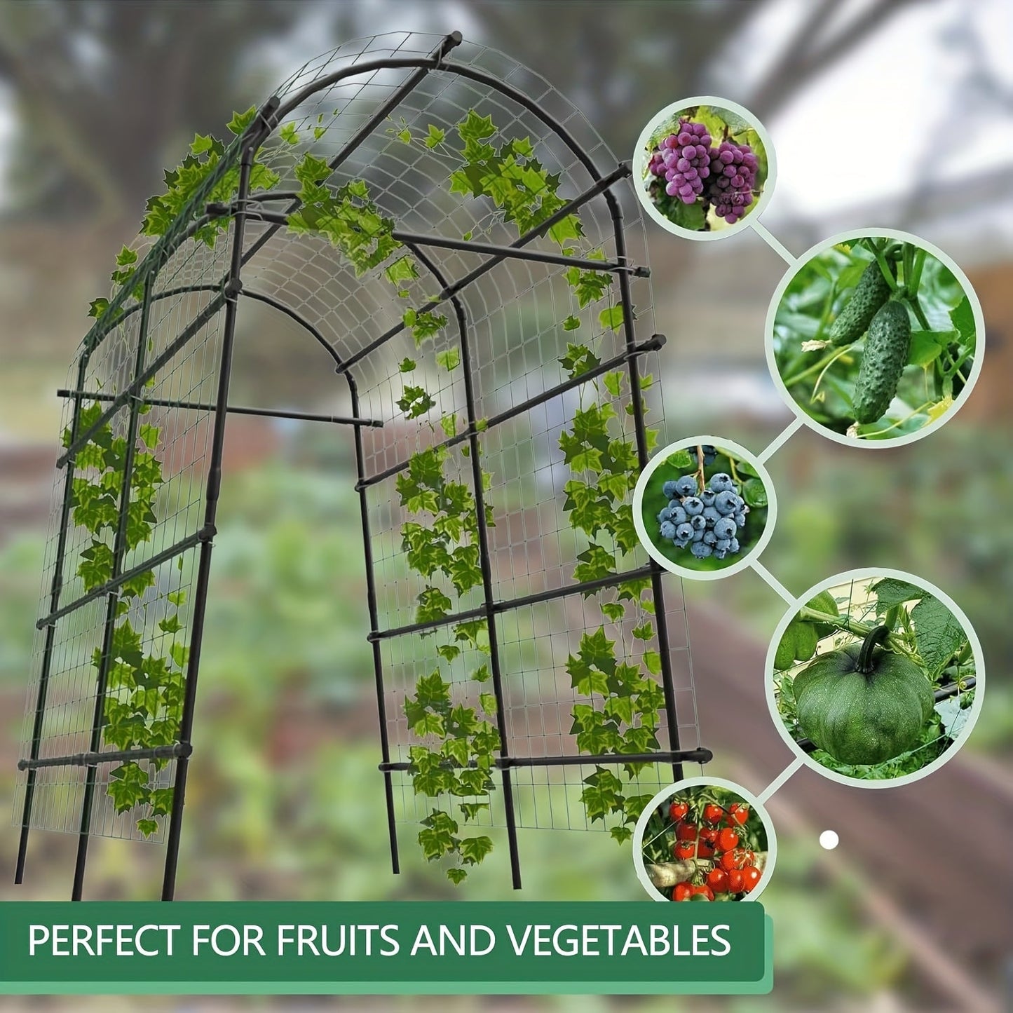7.5-Foot Garden Arch Trellis with Metal Grid Panels, Seven Horizontal Pipes and Black Frame