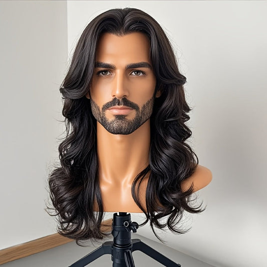 Men's Loose Curly Synthetic Wig Middle Part 26 Inch – Lightweight Breathable Heat Resistant Natural Look Wig for Men Daily Wear Cosplay Hair Loss Coverage Black Gray Golden Pink Blue