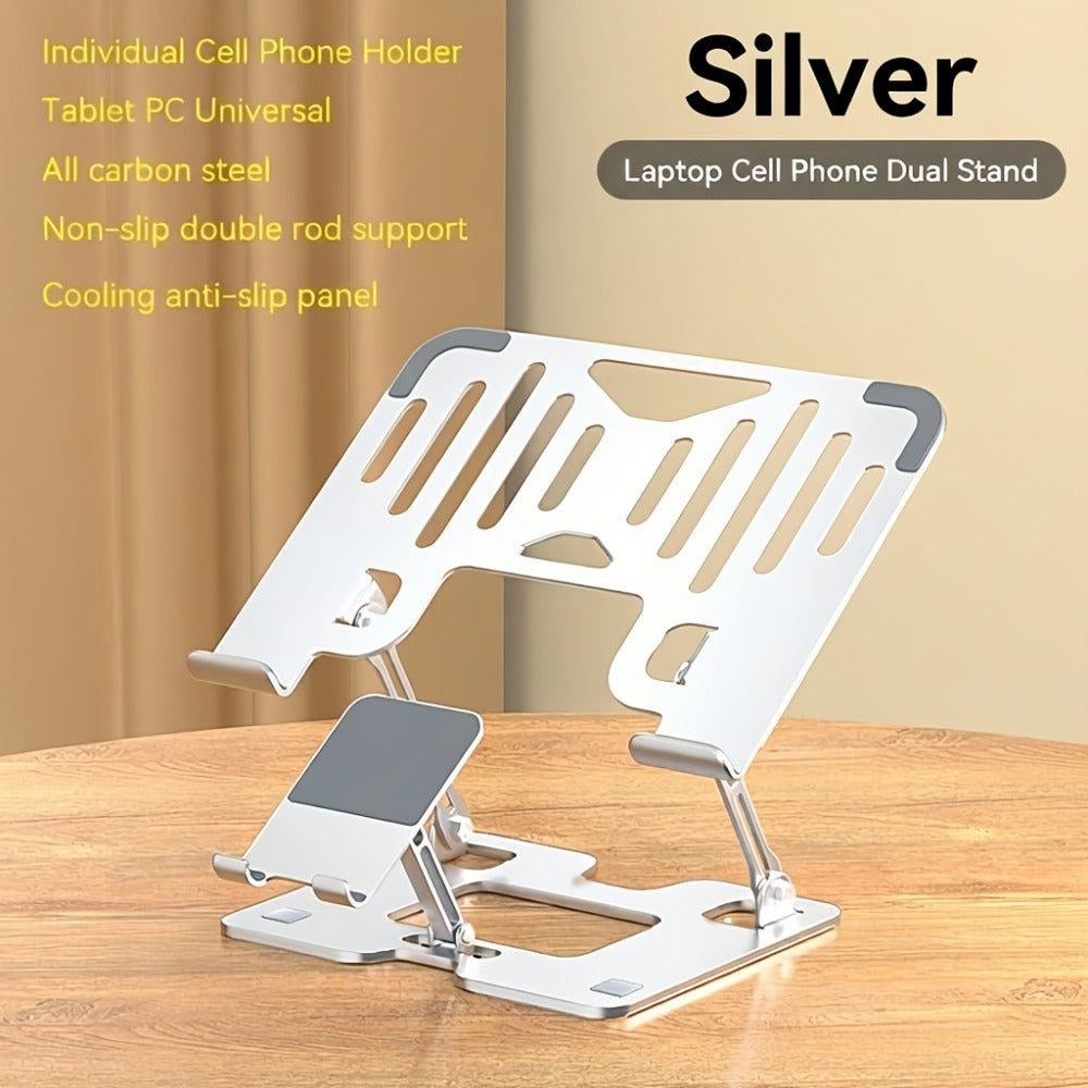 Adjustable Laptop Stand 2-in-1, Carbon Steel Ergonomic Computer & Phone Stand, 180° Height Adjustment, Foldable Portable Desk Stand for MacBook, Tablet, Mobile Phone – Silver/Black