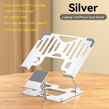 Adjustable Laptop Stand 2-in-1, Carbon Steel Ergonomic Computer & Phone Stand, 180° Height Adjustment, Foldable Portable Desk Stand for MacBook, Tablet, Mobile Phone – Silver/Black