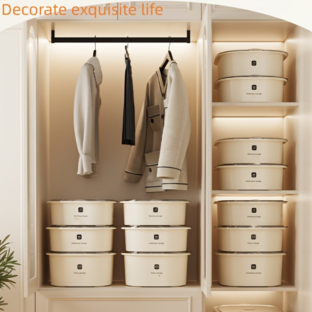 Three-Piece Beige Drawer Organizer Bin Set with Lidded Dividers for Underwear, Socks and Small Accessories