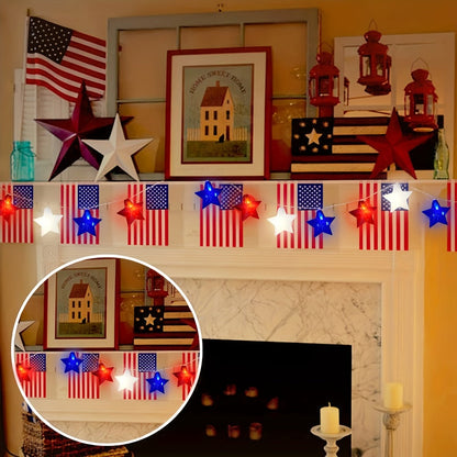 Patriotic Star String Lights July 4th Red White Blue LED Plug-In Indoor Outdoor Decor 8.5FT 12FT Memorial Day Independence Day Party Decoration