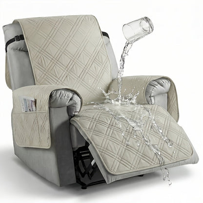 Quilted One-Piece Recliner Chair Cover with Side Pocket, Back Strap and Six Solid Color Options