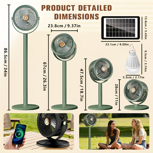 Solar Floor Fan 33-Inch Rechargeable 4000mAh USB Standing Fan Power Bank 2-in-1 360° Tilt 5-Speed 4-Height Adjustable for Indoor Outdoor Courtyard RV Camping