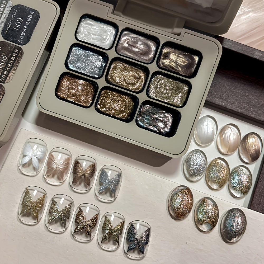 Shimmer Nail Art Gel Nine-Color Grid Palette with Metallic Neutral or Milky Way Color Selection