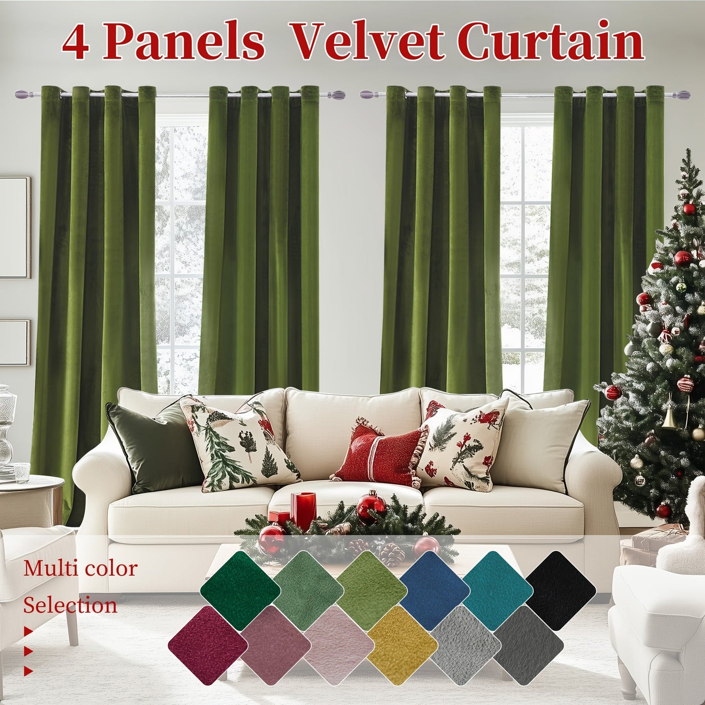 Four-Panel Velvet Blackout Curtain Set with 12 Colors, 10 Sizes and 1.6-Inch Grommet Openings