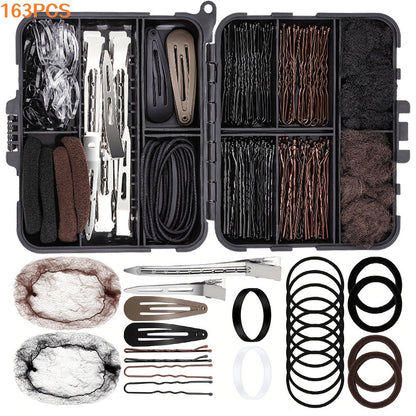 163pcs Hair Ties & Clips Set Dance Styling Kit with Hair Nets Bobby Pins Snap Clips Complete Hair Accessories for Girls Dance Competition Recital Performance