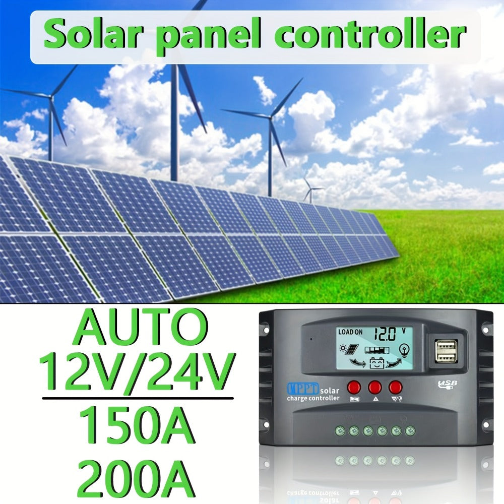 MPPT Solar Charge Controller 12V 24V – 150A/200A Auto-Tracking Solar Panel Regulator with LCD Display, Dual USB Port, Timer & Load Control for Gel Sealed Flooded & Lithium Batteries